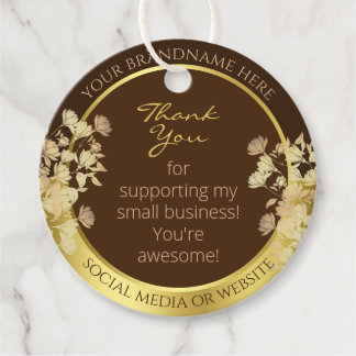 Classy Coffee Brown and Gold Glam Floral Packaging Favour Tags