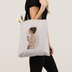 Classy Coffee Girl Tote Bag Chic Curly Hair Fash
