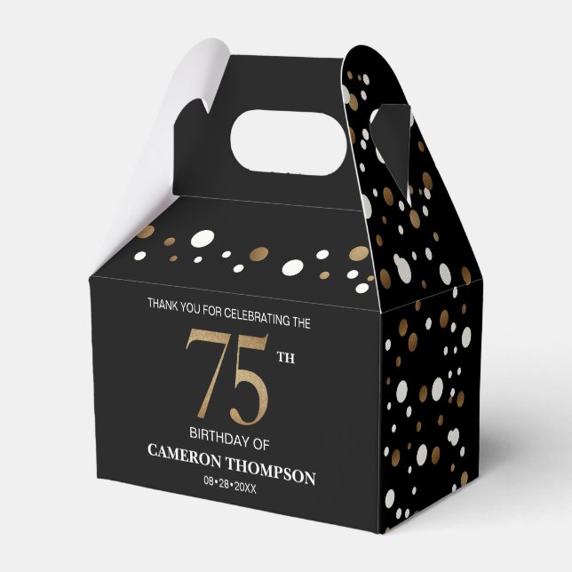 Classy Confetti Gold Black 75th birthday Custom Favour Box (Back Side)
