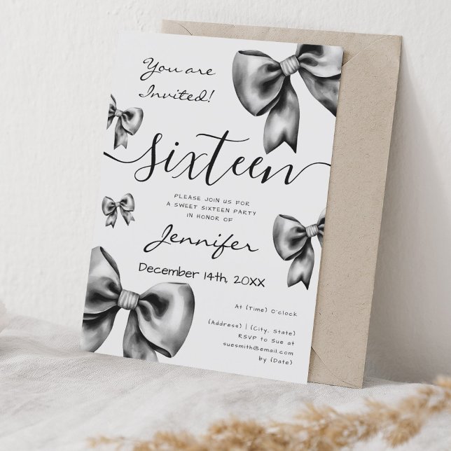Classy Coquette Black Bow Sweet 16 Party  Invitation (Classy Coquette Black Bow Sweet 16 Party Invitation)
