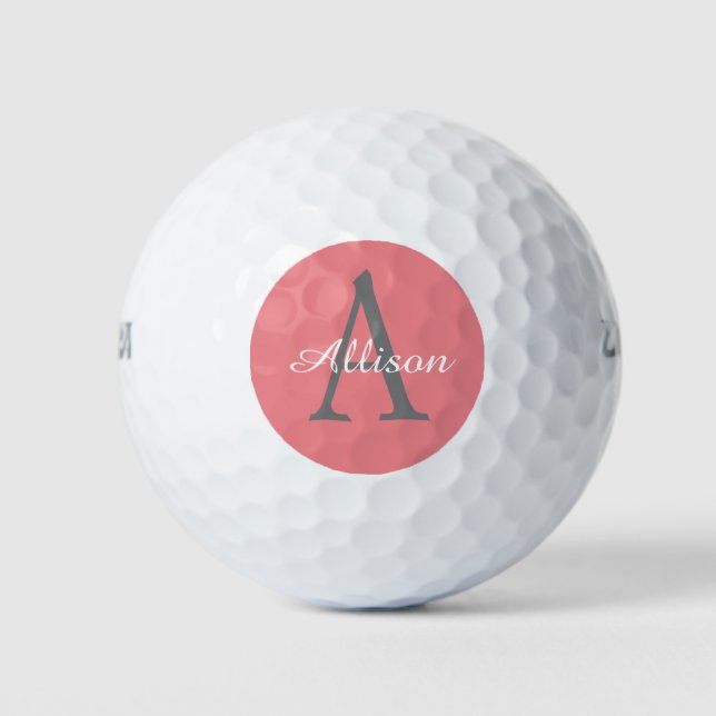 Classy Coral Pink Monogram Personalised  Ladies Golf Balls (Front)