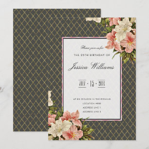 Classy Corner Lilies & Gold Diamonds 25th Birthday Invitation