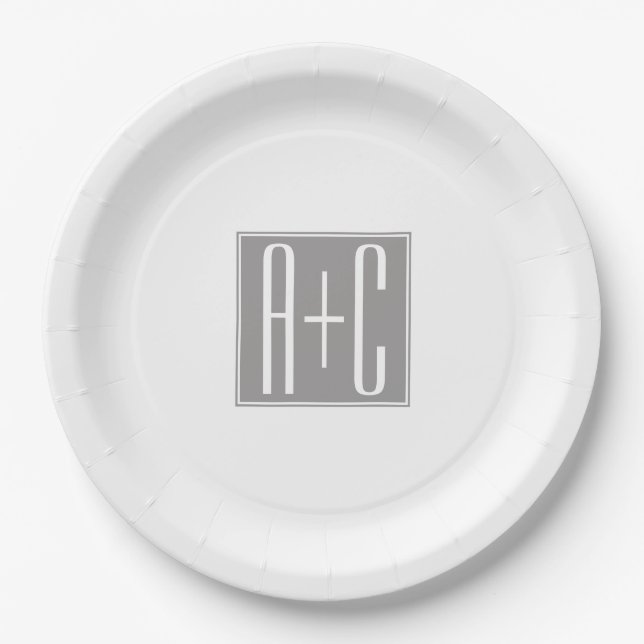 Classy Couples Initails | White & Grey Paper Plate (Front)