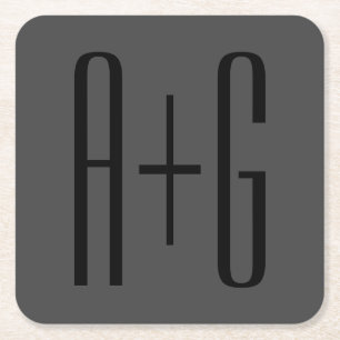 Classy Couples Initials   Black & Grey Square Paper Coaster