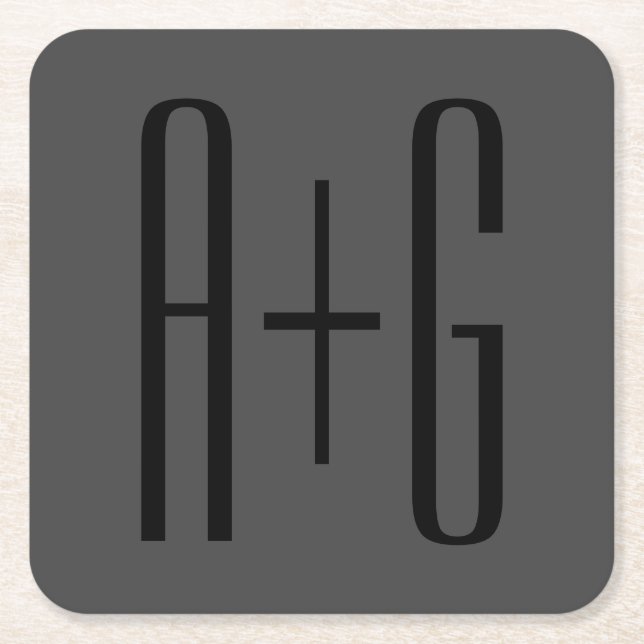 Classy Couples Initials | Black & Grey Square Paper Coaster (Front)