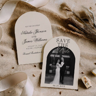 Classy Cream Black Old Money Photo Arched Wedding Save The Date