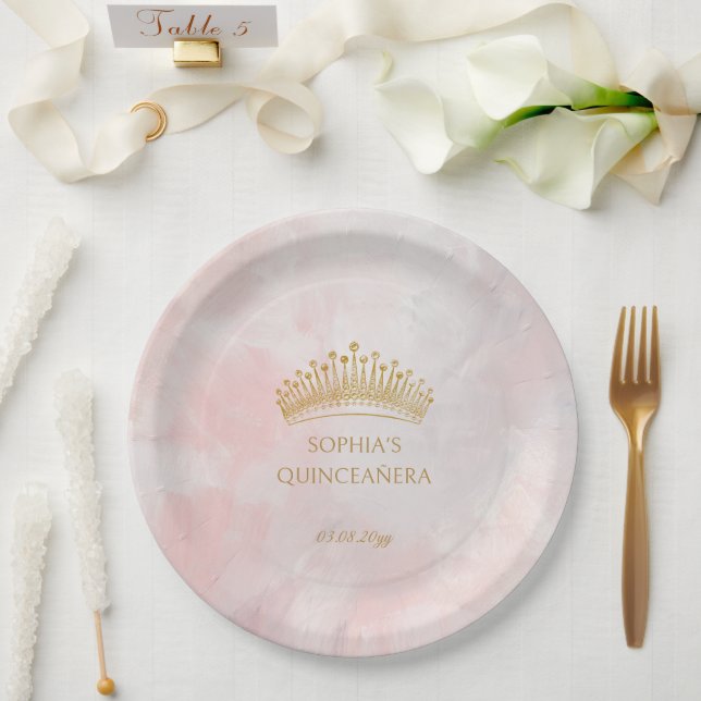 Classy Crown Pink Quinceanera Custom Paper Plate (Wedding)
