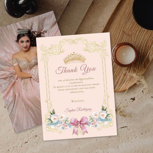 Classy Crown Pink Quinceanera Photo ThankYou Card (Classy Crown Pink Quinceanera Photo ThankYou Card)