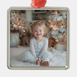 Classy Curved Swash Signature Holiday Photo Metal Ornament