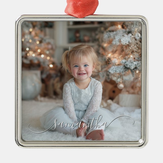 Classy Curved Swash Signature Holiday Photo Metal Ornament (Front)