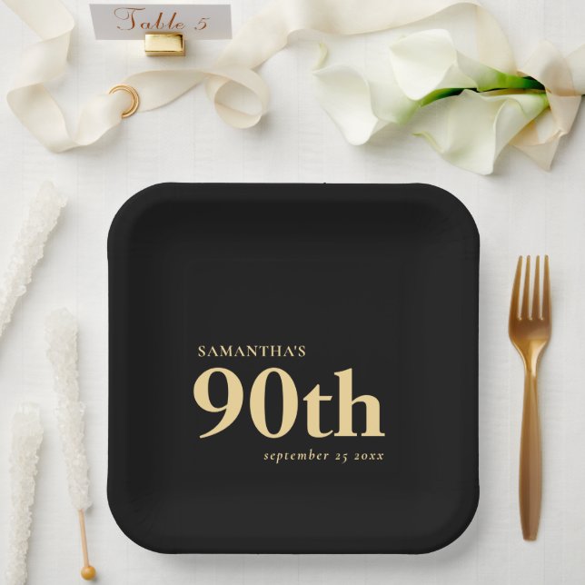Classy Custom Gold Black Text 90th Name Date  Paper Plate (Wedding)