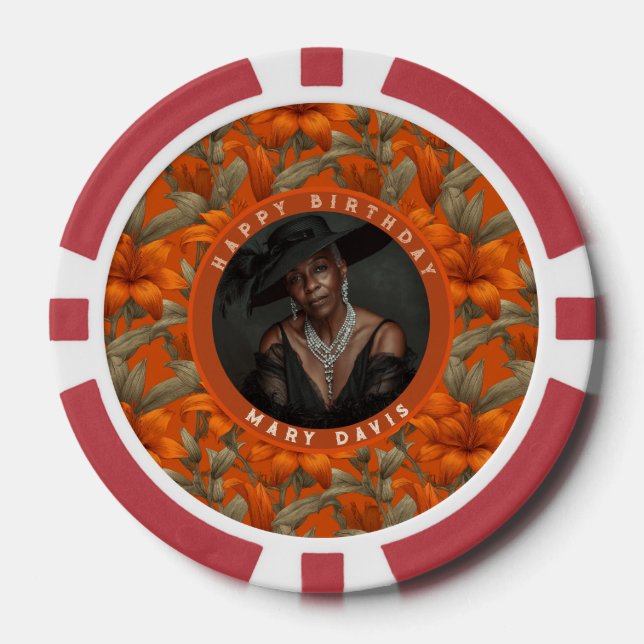 Classy Custom Lilies Themed Surprise Birthday Poker Chips (Front)