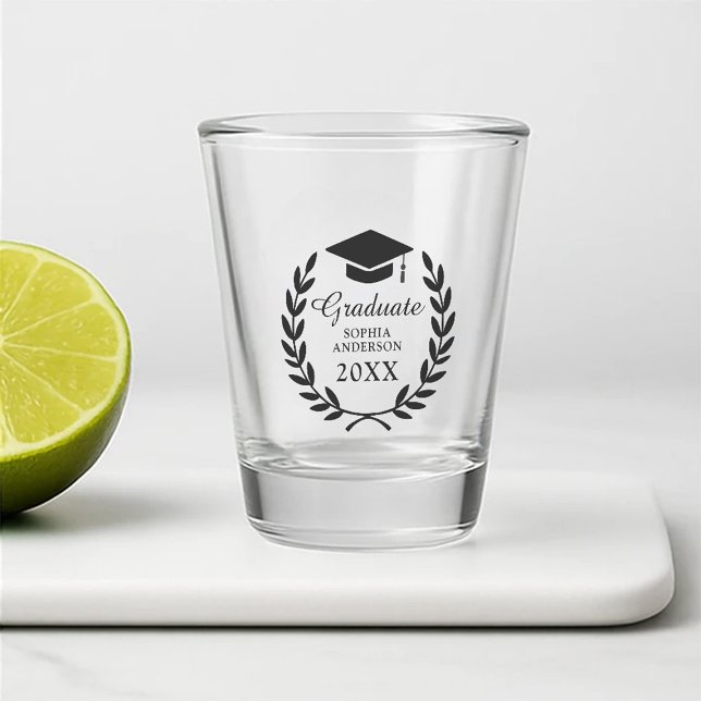 Classy Customised Grad Party Laurel Wreath Emblem Shot Glass (Creator Uploaded)