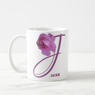 Classy Customizable J monogram pink rose flowers Coffee Mug