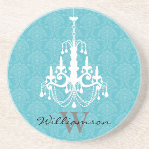 Classy Damask Chandelier Monogram Coaster (aqua)