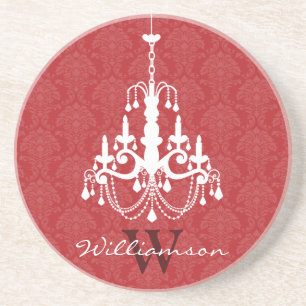Classy Damask Chandelier Monogram Coaster (red)