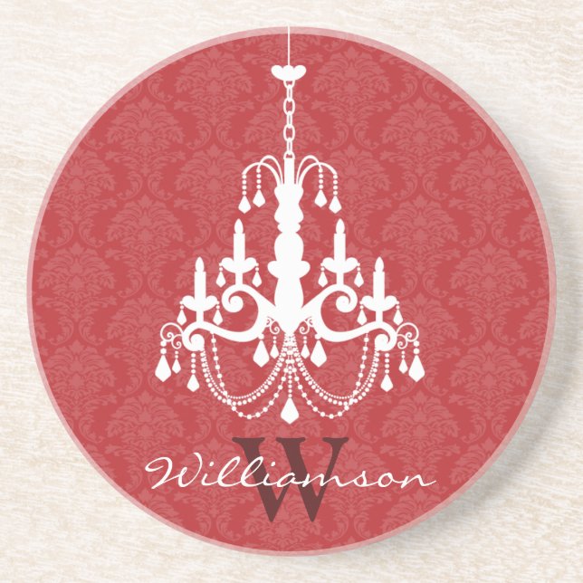 Classy Damask Chandelier Monogram Coaster (red) (Front)