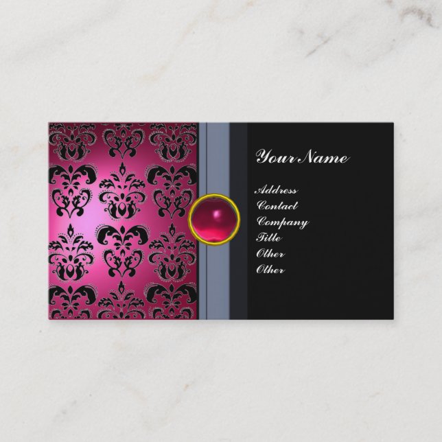 CLASSY DAMASK GEM MONOGRAM black pink Business Card (Front)
