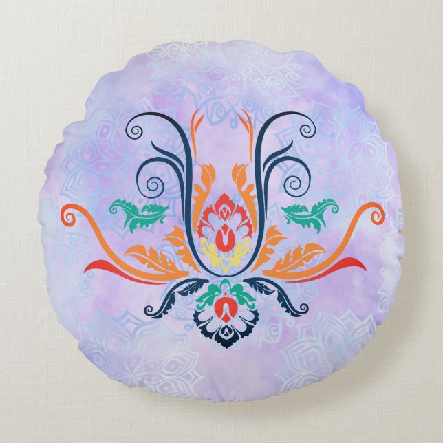 Classy Damask Geometric Flora With Branches  Round Cushion (Front)