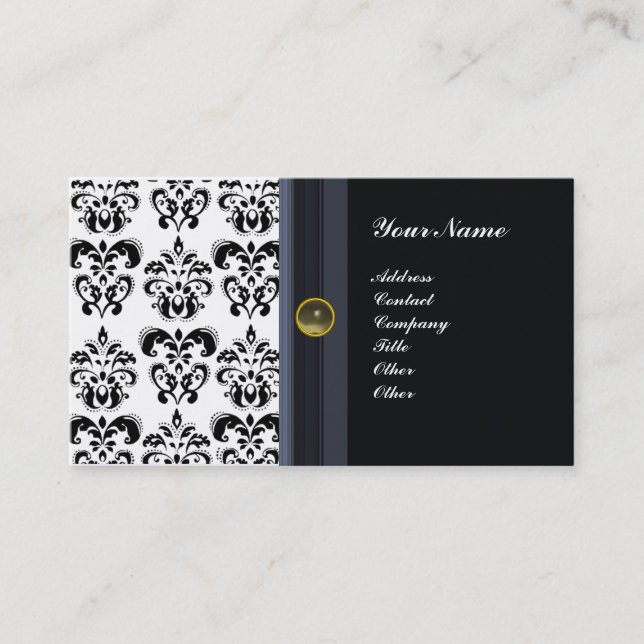 CLASSY DAMASK MONOGRAM ,black agate Business Card (Front)