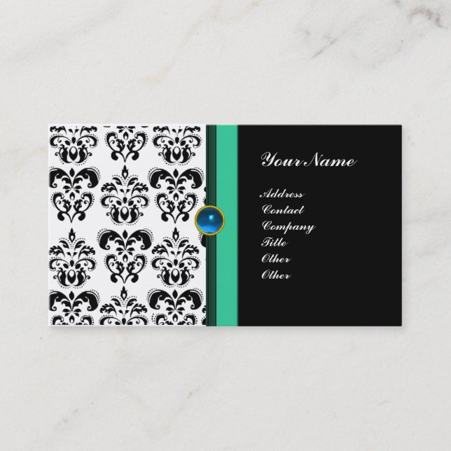 CLASSY DAMASK MONOGRAM ,black sapphire Business Card (Front)