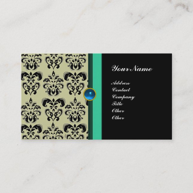 CLASSY DAMASK MONOGRAM ,black sapphire Business Card (Front)