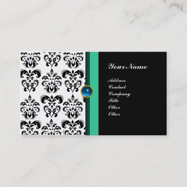 CLASSY DAMASK MONOGRAM ,black sapphire platinum Business Card (Front)