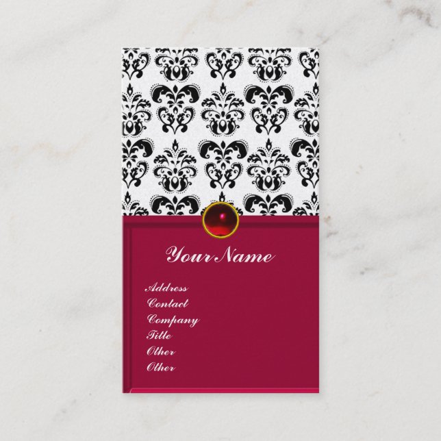 CLASSY DAMASK MONOGRAM red burgundy platinum Business Card (Front)