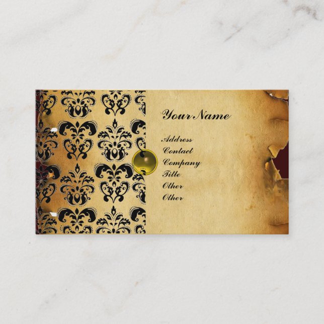CLASSY DAMASK PARCHMENT MONOGRAM green emerald Business Card (Front)