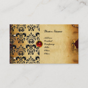 CLASSY DAMASK PARCHMENT MONOGRAM red black Business Card