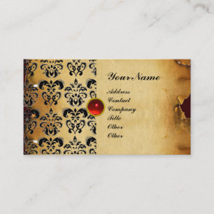 CLASSY DAMASK PARCHMENT MONOGRAM red black Business Card