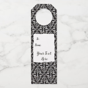 Classy Damask Pattern Fancy Scrolls Black White Bottle Tag