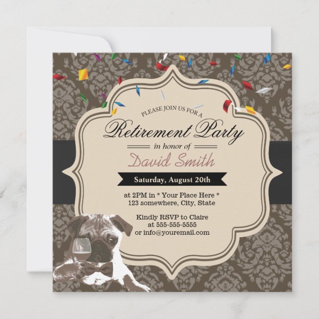 Classy Damask Pug & Wine Retirement Party Invitation (Front)