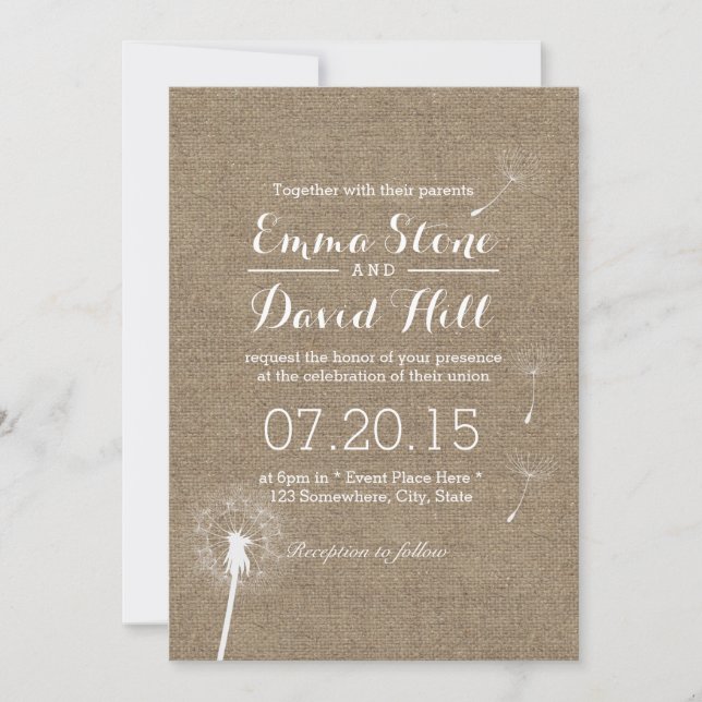 Classy Dandelion Blowing Burlap Wedding Invitation (Front)