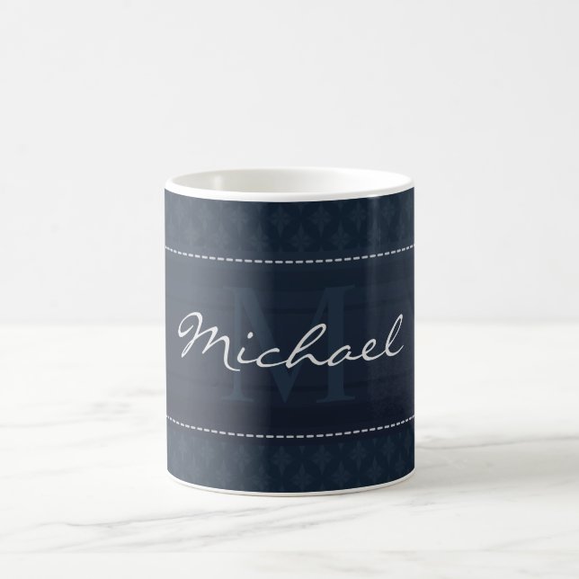 Classy Dark Navy Blue Custom Monogram Coffee Mug (Center)