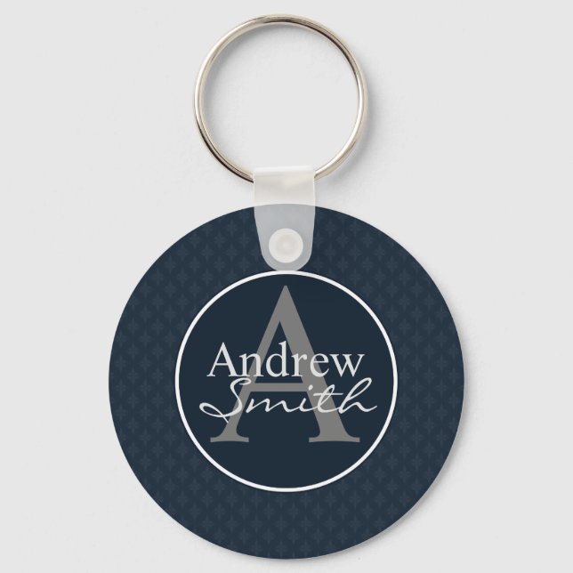 Classy Dark Navy Blue Custom Monogram Key Ring (Front)