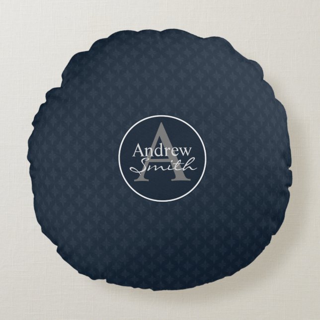 Classy Dark Navy Blue Custom Monogram Round Cushion (Front)