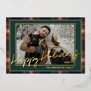 Classy Dark Red Blue Green Plaid Pattern Gold Foil Holiday Card