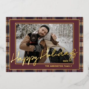 Classy Dark Red Blue Ochre Plaid Pattern Gold Foil Holiday Card