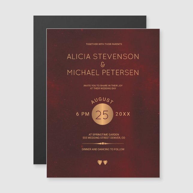 Classy dark red burgundy metallic copper wedding magnetic invitation (Front/Back)