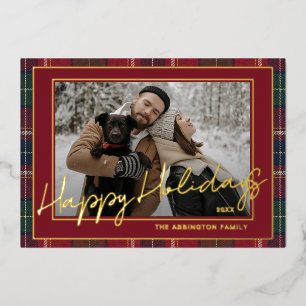 Classy Dark Red Green Blue Plaid Pattern Gold Foil Holiday Card