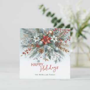 Classy Dark Red Teal Blue Floral Holiday Wreath Card