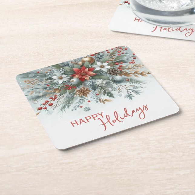 Classy Dark Red Teal Blue Floral Holiday Wreath Square Paper Coaster (Angled)
