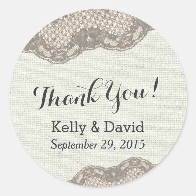 Classy Dark Tan Lace Burlap Wedding Favour Sticker (Front)