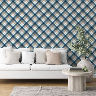 Classy Dark Teal Blue Beige Tan Plaid Pattern Wallpaper