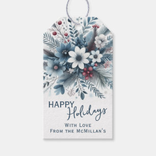 Classy Dark Teal Blue Red Floral Holiday Wreath Gift Tags