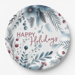 Classy Dark Teal Blue Red Floral Holiday Wreath Paper Plate