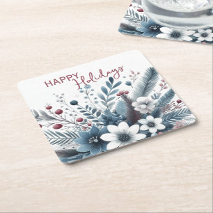 Classy Dark Teal Blue Red Floral Holiday Wreath Square Paper Coaster