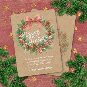 Classy December Wreath Pink Bow Watercolor Gold Foil Holiday Card