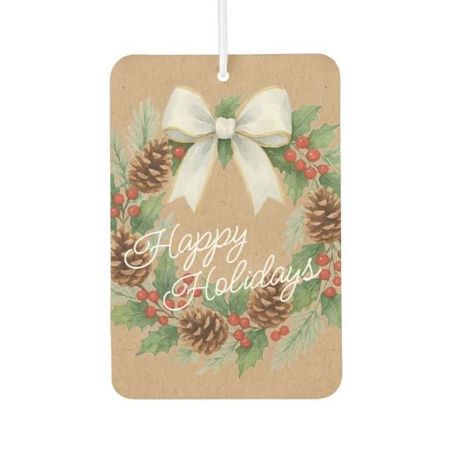 Classy December Wreath With White Bow Holiday Car Air Freshener (Front)